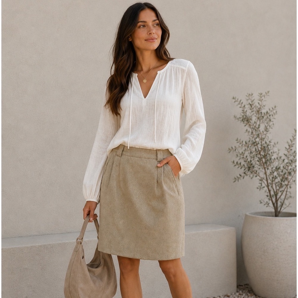 Hunt Club Wool Blend Pencil Skirt Tan High Waisted Lined Pockets Size 12 Career